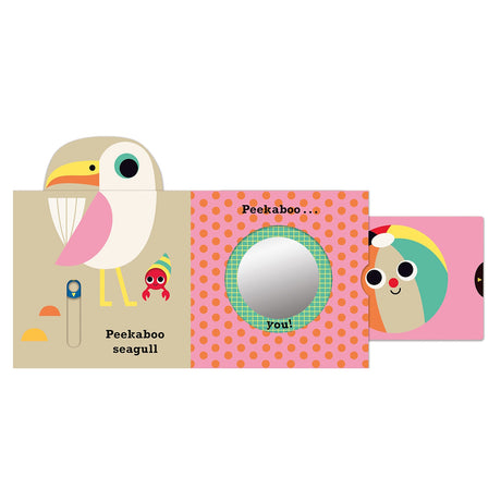 Peekaboo Sun children's book page showing a seagull, a small crab, and a colorful smiling beach ball on polka dots.