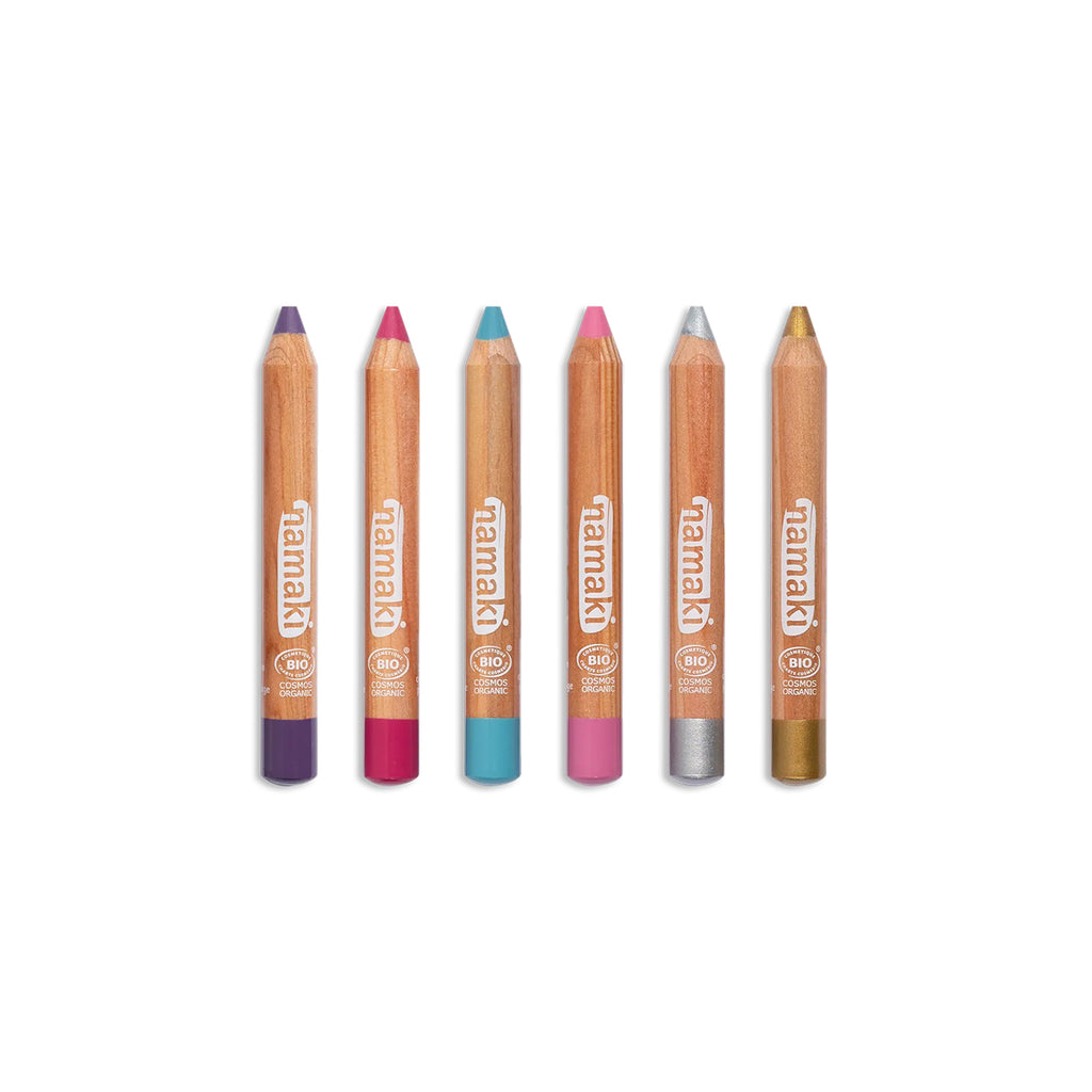 Set of six Namaki organic face painting pencils in various colours, including purple, pink, blue, silver, and gold, with wooden casing and Cosmos Organic certification.