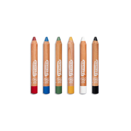 Set of six Namaki face paint pencils in red, blue, green, yellow, white, and black, made with organic ingredients for easy and safe application.