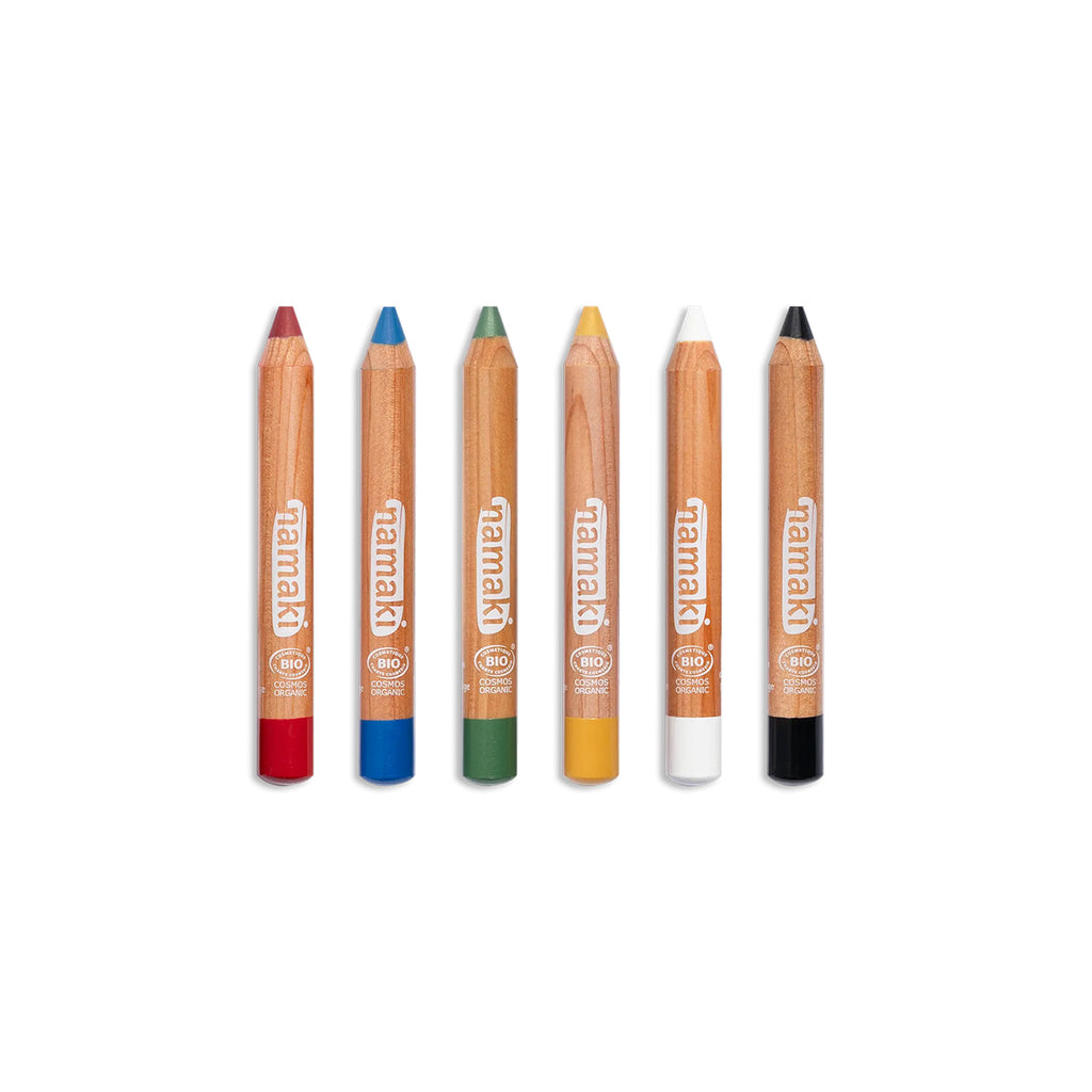 Set of six Namaki face paint pencils in red, blue, green, yellow, white, and black, made with organic ingredients for easy and safe application.