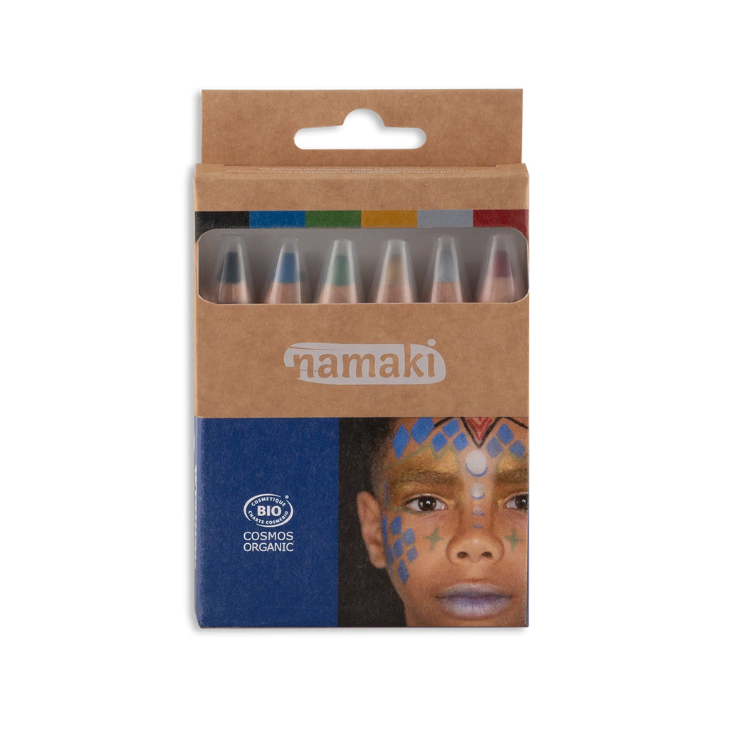 Namaki organic face painting pencils set of six in colourful packaging, featuring a child with a vibrant face design.