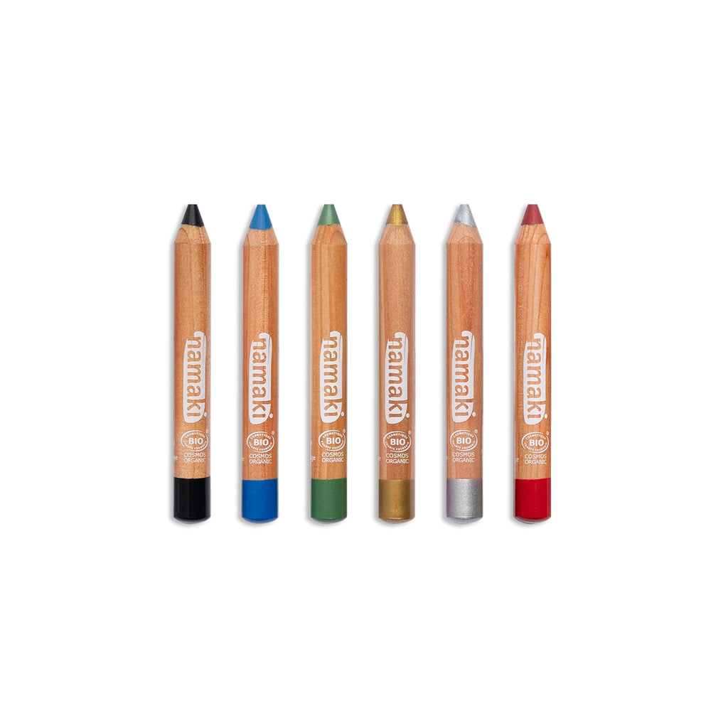 Set of six Namaki organic face painting pencils in purple, pink, blue, light pink, silver, and gold.