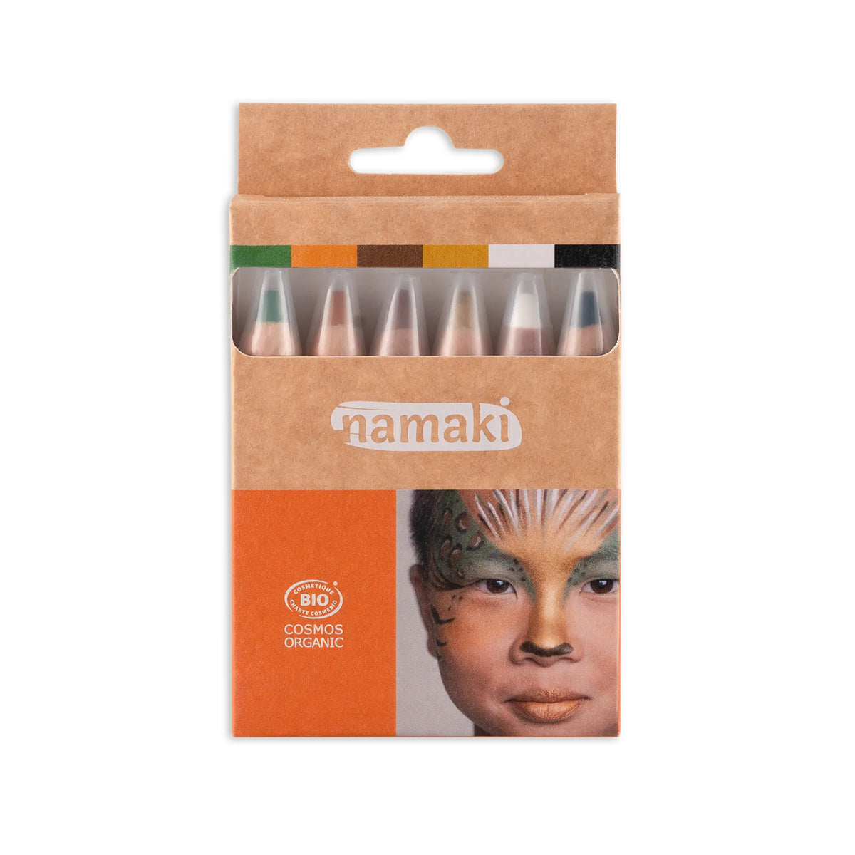 Namaki Wildlife Face Painting Pencils Set - Eco-friendly, organic six-colour face paint crayons in earthy tones, featuring a child with creative animal-inspired face paint.