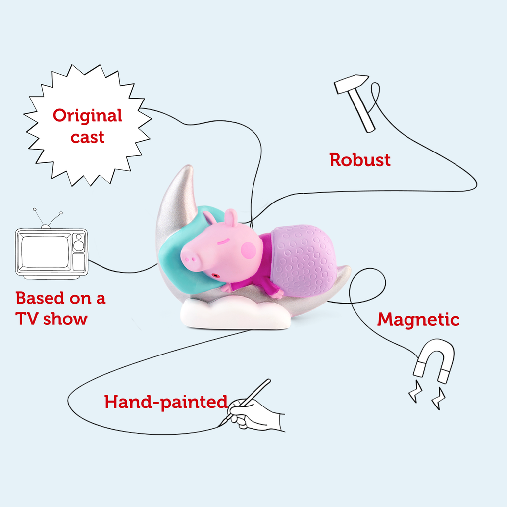 A playful Peppa Pig figurine sleeping on a silver crescent moon.