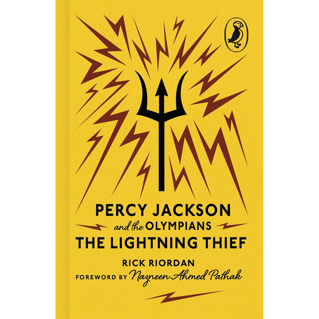 Yellow book cover with a black trident surrounded by dark red lightning bolts. Text reads: "Percy Jackson and the Olympians: The Lightning Thief" by Rick Riordan.