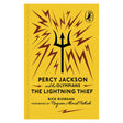Yellow cover of Percy Jackson: The Lightning Thief by Rick Riordan, featuring a black trident and brown lightning bolts.