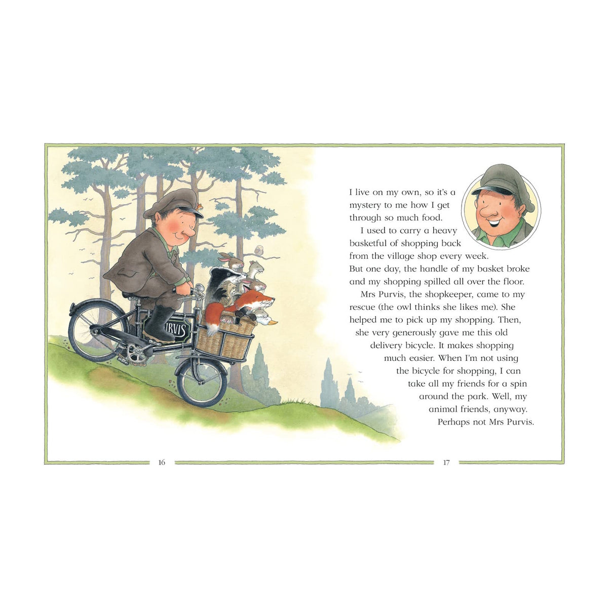 Illustration of a smiling man riding a bicycle with a basket filled with a dog, cat, and duck. Background shows trees and a grassy hill. Text tells a whimsical story.