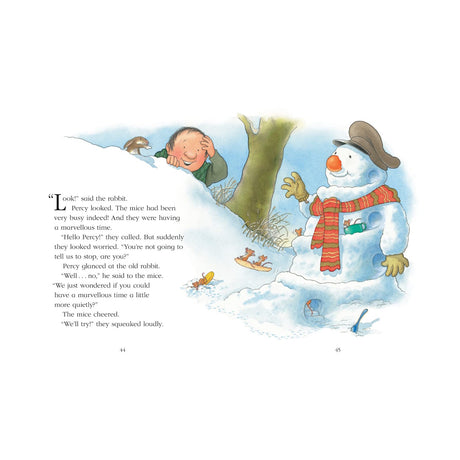 A cheerful snowman with a hat and scarf stands beside a smiling man, peeking over a snowy hill. Mice and a rabbit are nearby. The scene conveys a playful and joyful winter atmosphere.