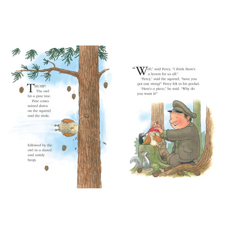 An owl hits a tall pine tree, causing pine cones to fall, startling the squirrel and mole below. A man in green, possibly Percy, offers string to a smiling squirrel. The scene feels lighthearted and playful.