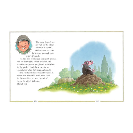 A mole wearing pink sunglasses sits atop a dirt mound on a grassy meadow, surrounded by flowers. Text on the left describes the mole's vision. The scene is sunny and whimsical.