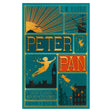 Peter Pan book cover by MinaLima featuring gold foil silhouettes of Peter flying over London and a pirate ship.