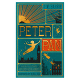 Peter Pan book cover by MinaLima featuring gold foil silhouettes of Peter flying over London and a pirate ship.