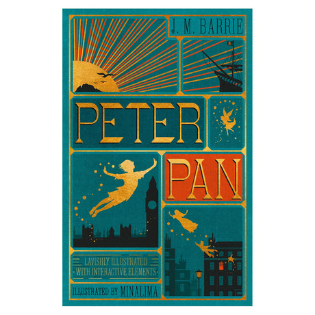 Peter Pan book cover by MinaLima featuring gold foil silhouettes of Peter flying over London and a pirate ship.