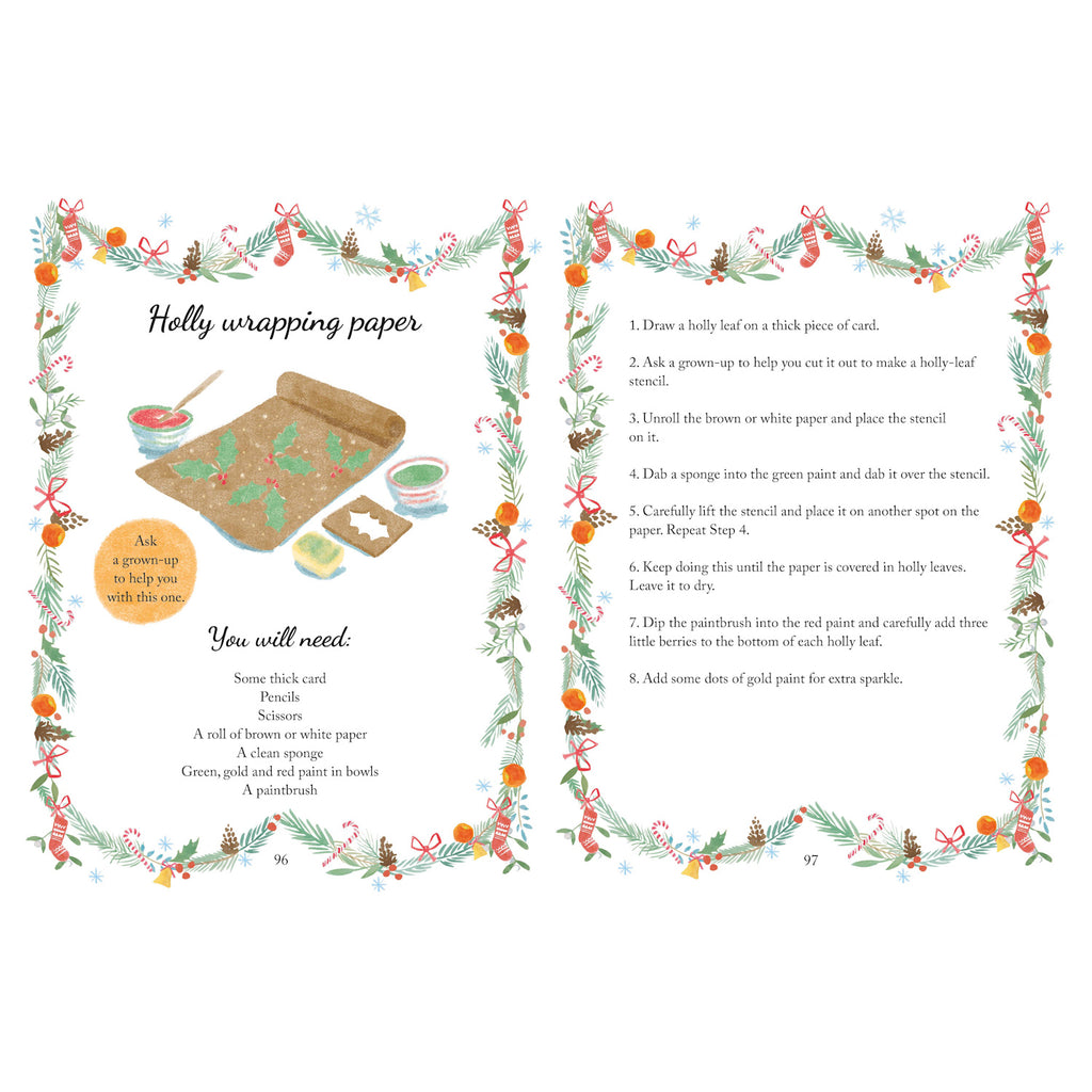 Festive page with holly-themed wrapping paper craft instructions. Colorful border of holly, pine cones, ribbons. Supplies and steps listed.