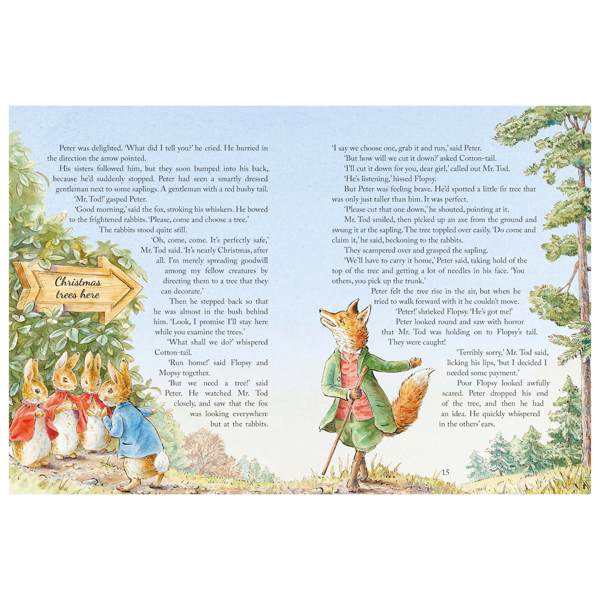 Illustrated children's book page featuring four rabbits in colorful jackets near a sign that reads "Christmas trees here." A fox in a green coat holds a shovel, smiling. Trees surround the characters, creating a lively, whimsical scene.