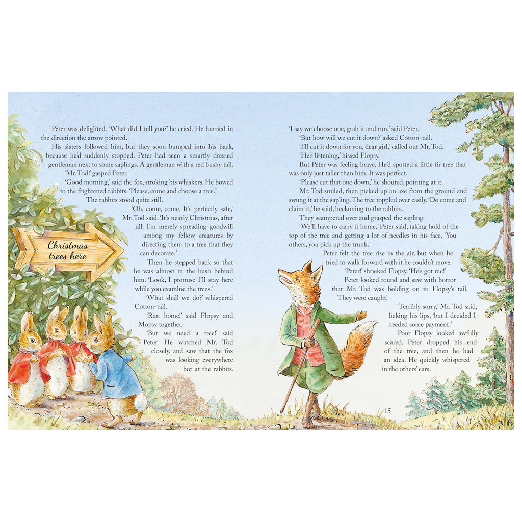 Illustrated children's book page featuring four rabbits in colorful jackets near a sign that reads "Christmas trees here." A fox in a green coat holds a shovel, smiling. Trees surround the characters, creating a lively, whimsical scene.