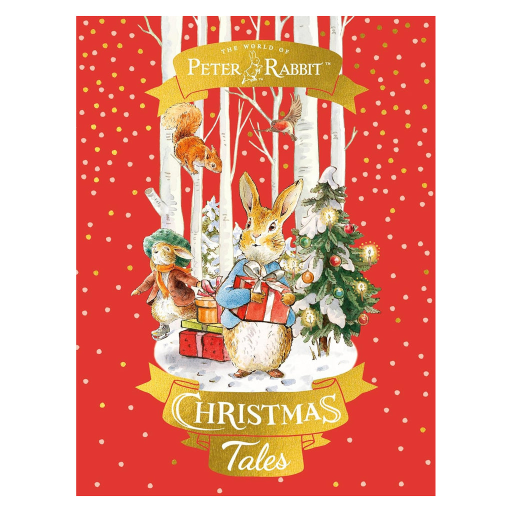 Illustrated cover of "Christmas Tales" with a rabbit holding gifts, surrounded by animals and a decorated Christmas tree. Red background with snowflakes.