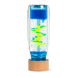 A clear sensory toy with a wooden base, featuring vibrant blue and yellow liquid swirling through a spiral structure, creating a calming effect.