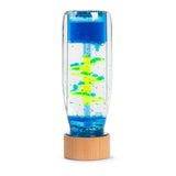 A clear sensory toy with a wooden base, featuring vibrant blue and yellow liquid swirling through a spiral structure, creating a calming effect.