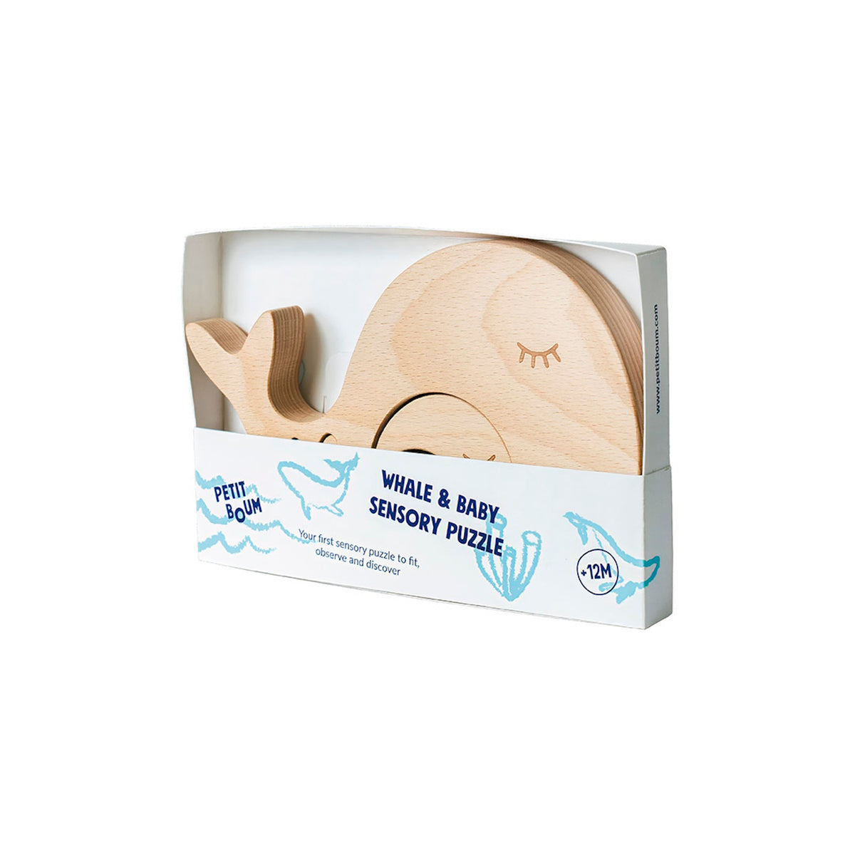 Petit Boum whale and baby wooden sensory puzzle in its packaging.