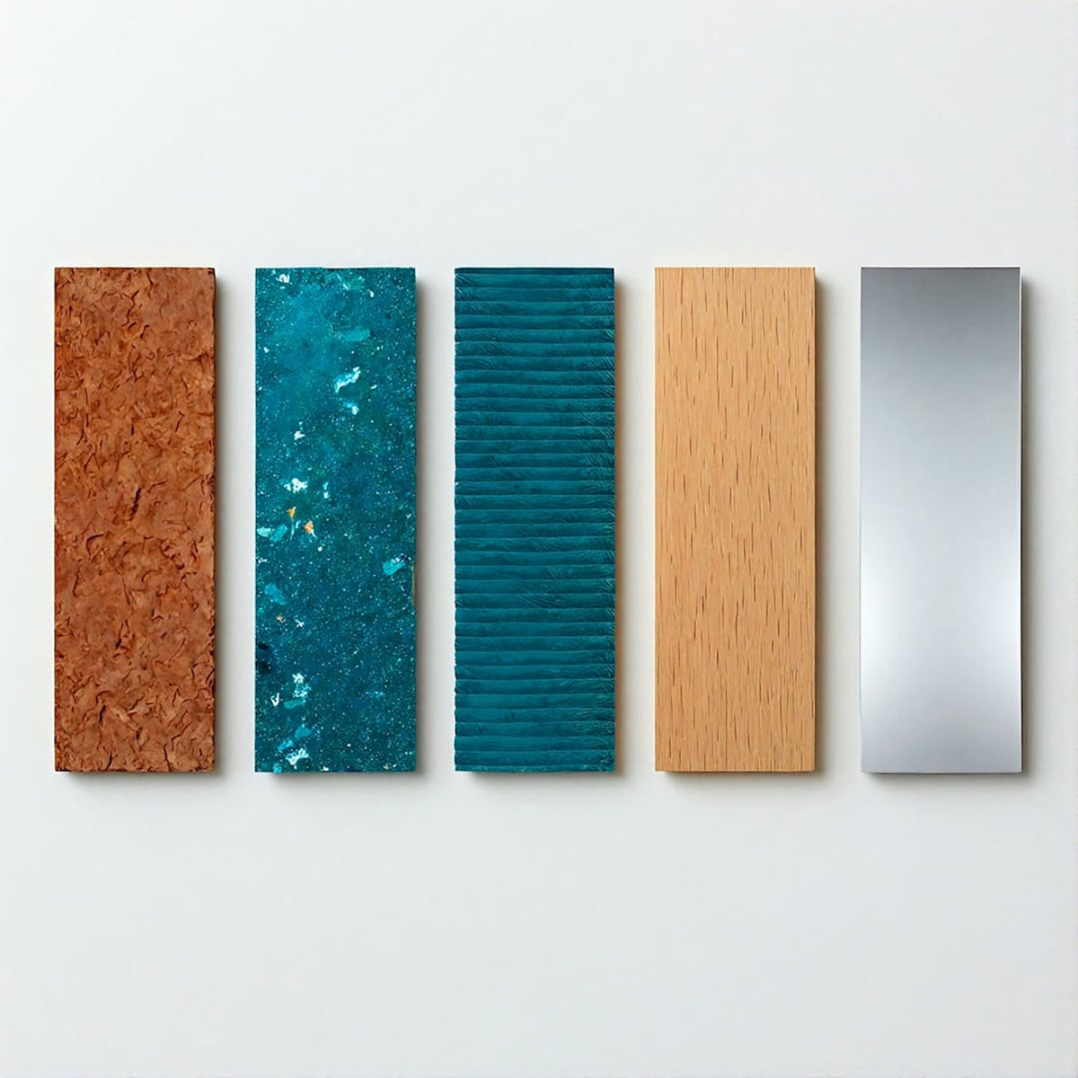 Five vertical panels showcasing different textures: cork, mottled blue, ridged teal, wood grain, and a smooth mirror.