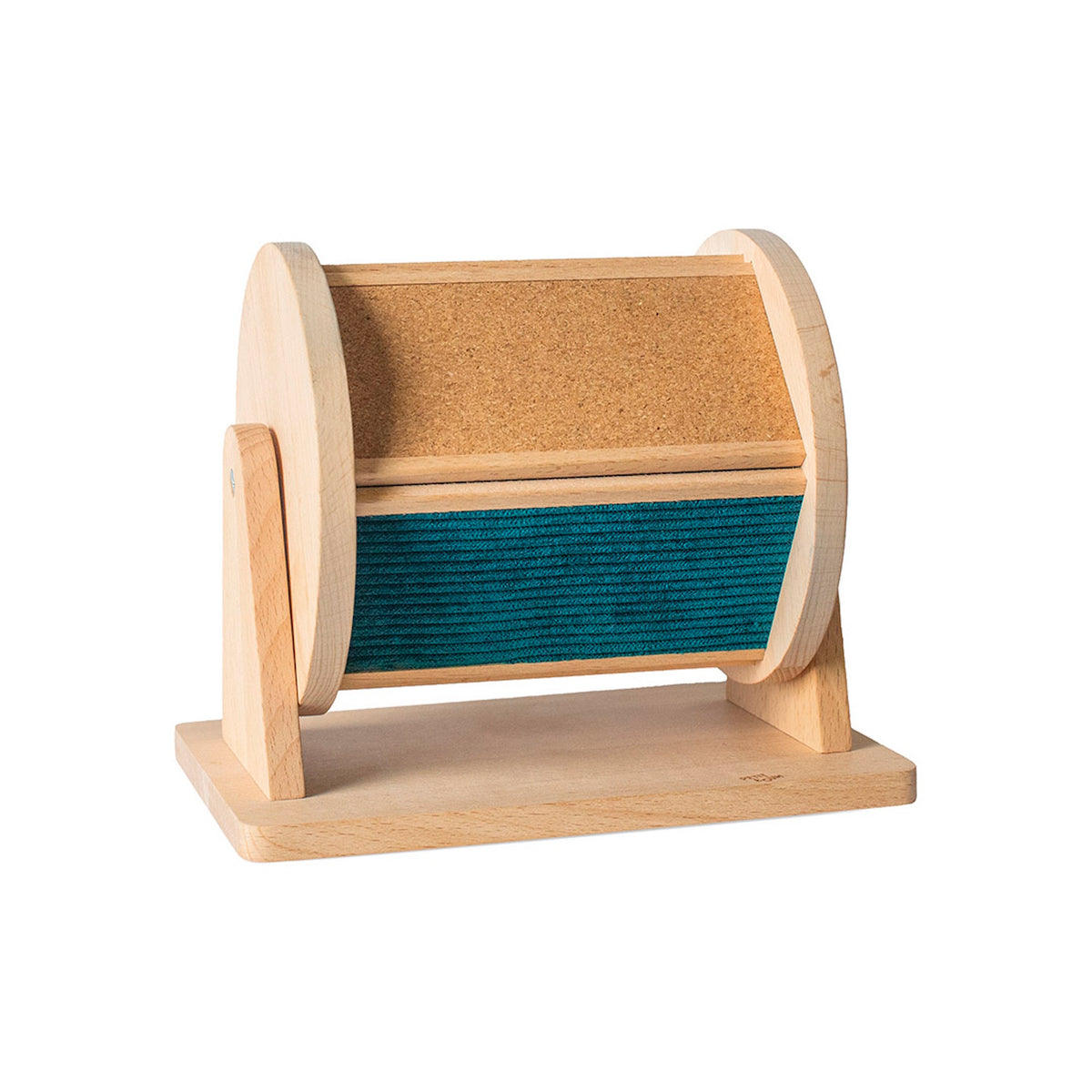 Wooden sensory roller toy featuring sections of cork and teal textured material.
