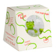 Packaging of a sensory toy with a green frog visible through a round window. The box features playful green circle designs and the text "Happy bubbles."