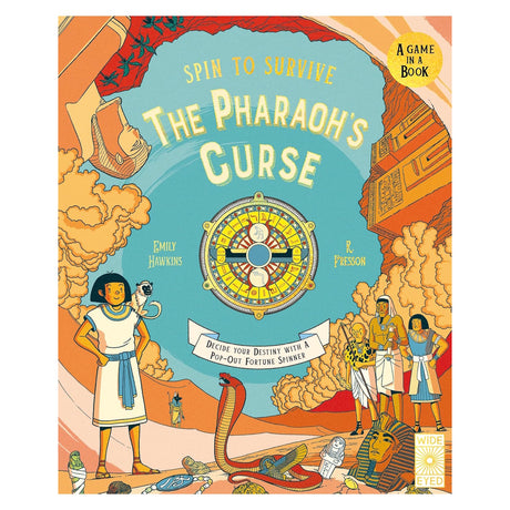 Cover of Spin to Survive: The Pharaoh's Curse book by Emily Hawkins, featuring an ancient Egyptian fortune spinner game.