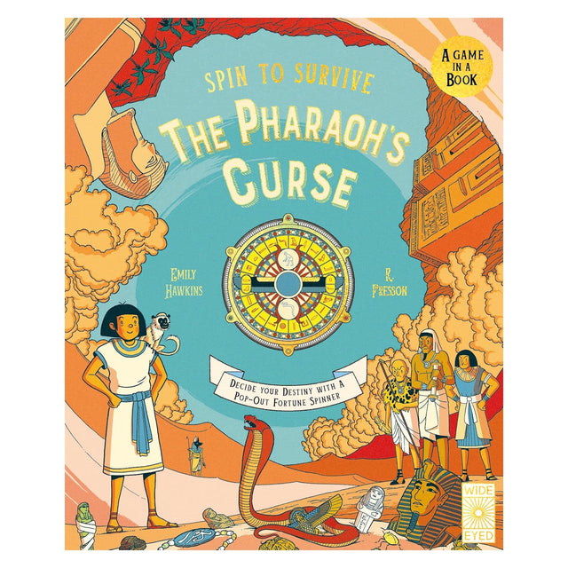 Cover of Spin to Survive: The Pharaoh's Curse book by Emily Hawkins, featuring an ancient Egyptian fortune spinner game.