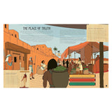 Illustration of an Ancient Egyptian village market from "The Place of Truth" interactive book with adventure choice buttons.