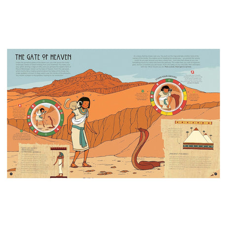 Ancient Egyptian adventure book spread showing a character facing a cobra with two "spin to survive" game wheels.
