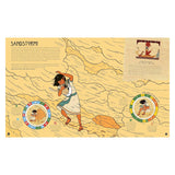 Illustrated spread from an Ancient Egypt survival book showing a character in a sandstorm with interactive spin wheels.