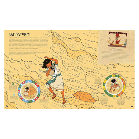 Illustrated spread from an Ancient Egypt survival book showing a character in a sandstorm with interactive spin wheels.
