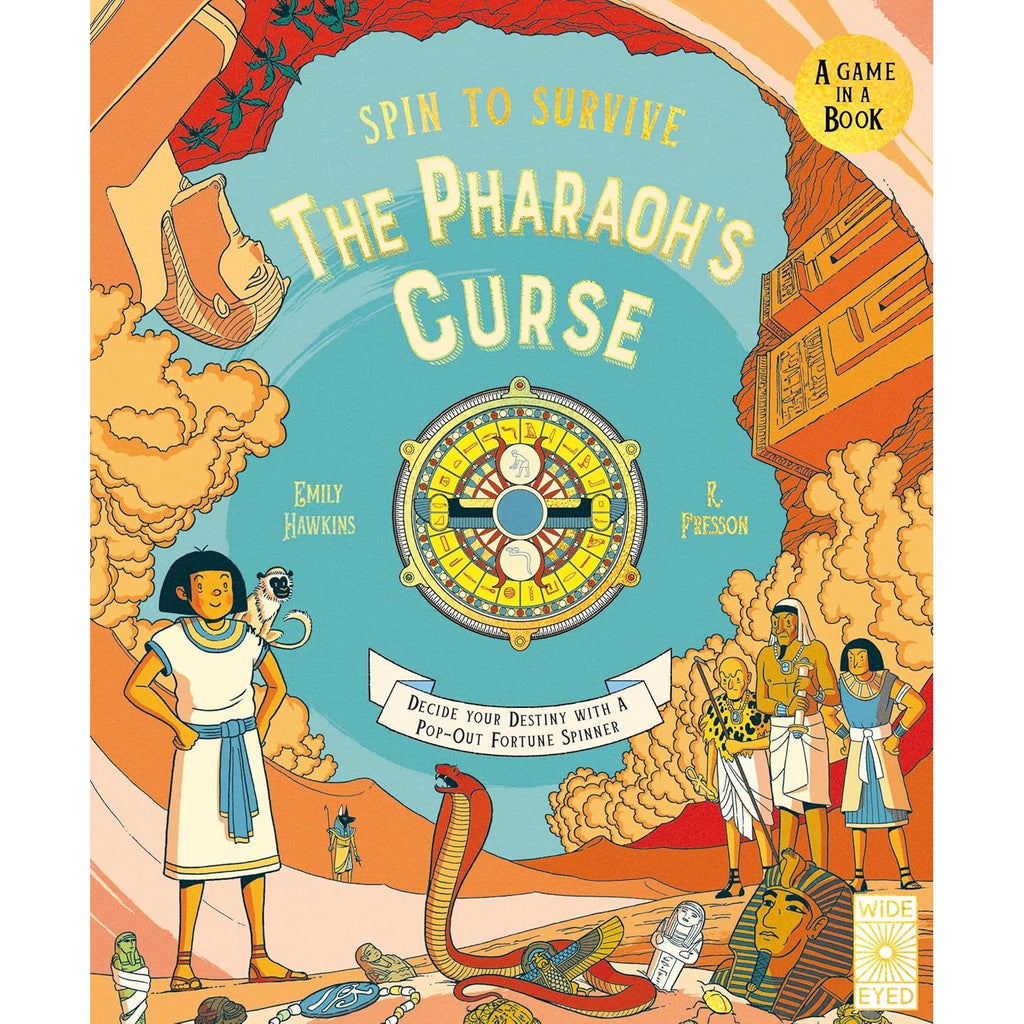 Illustrated book cover titled "The Pharaoh's Curse." Features ancient Egyptian imagery, a circular spinner, and diverse characters in a desert backdrop.