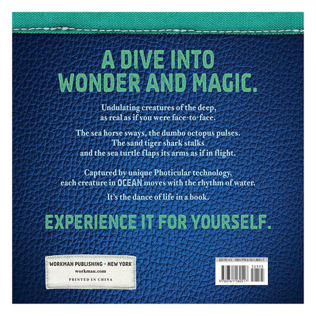 Text on a textured blue background reads: "A Dive into Wonder and Magic." Descriptions of sea creatures follow, highlighting lifelike movement. Includes publisher info.