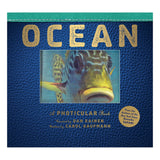 Cover of "Ocean: A Photicular Book" shows a moving image of a fish. Blue textured background with gold letters, conveying a sense of exploration.