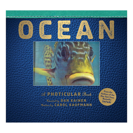 Cover of "Ocean: A Photicular Book" shows a moving image of a fish. Blue textured background with gold letters, conveying a sense of exploration.