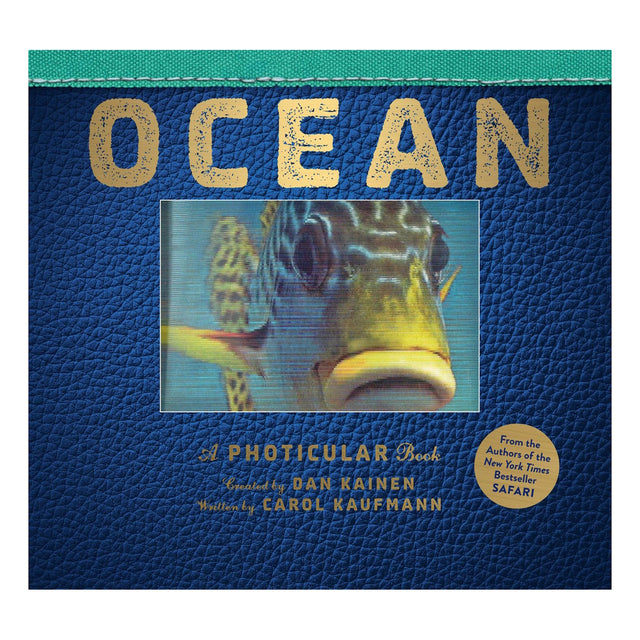 Cover of "Ocean: A Photicular Book" shows a moving image of a fish. Blue textured background with gold letters, conveying a sense of exploration.
