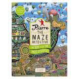 Colorful book cover of "Pierre the Maze Detective" featuring a whimsical cityscape with ornate buildings, airships, and hot air balloons in the sky. The mood is adventurous and playful.