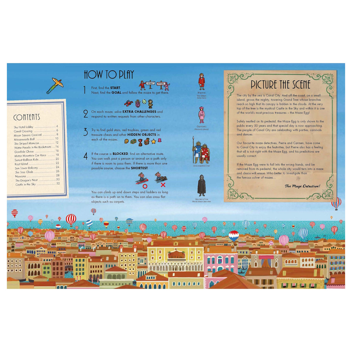 Illustrated board game instructions with a cityscape of colorful buildings and hot air balloons against a blue sky. The text includes game rules, a contents list, and a narrative scene description. The overall tone is playful and whimsical.