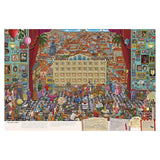 Colorful hotel lobby illustration with eclectic guests and a checkered floor, framed by red curtains. Background reveals a lively cityscape with detailed architecture.