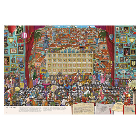 Colorful hotel lobby illustration with eclectic guests and a checkered floor, framed by red curtains. Background reveals a lively cityscape with detailed architecture.