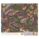 Intricate illustration of a vibrant cityscape with winding roads, colorful buildings, and a lively crowd. Features a racecourse on an elevated track.