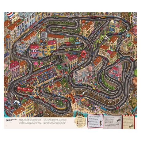 Intricate illustration of a vibrant cityscape with winding roads, colorful buildings, and a lively crowd. Features a racecourse on an elevated track.