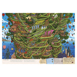 Illustration of a vibrant tree city with winding branches, treehouses, and buildings adorned with signs. Hot air balloons float against a blue sky, creating a whimsical, festive scene.