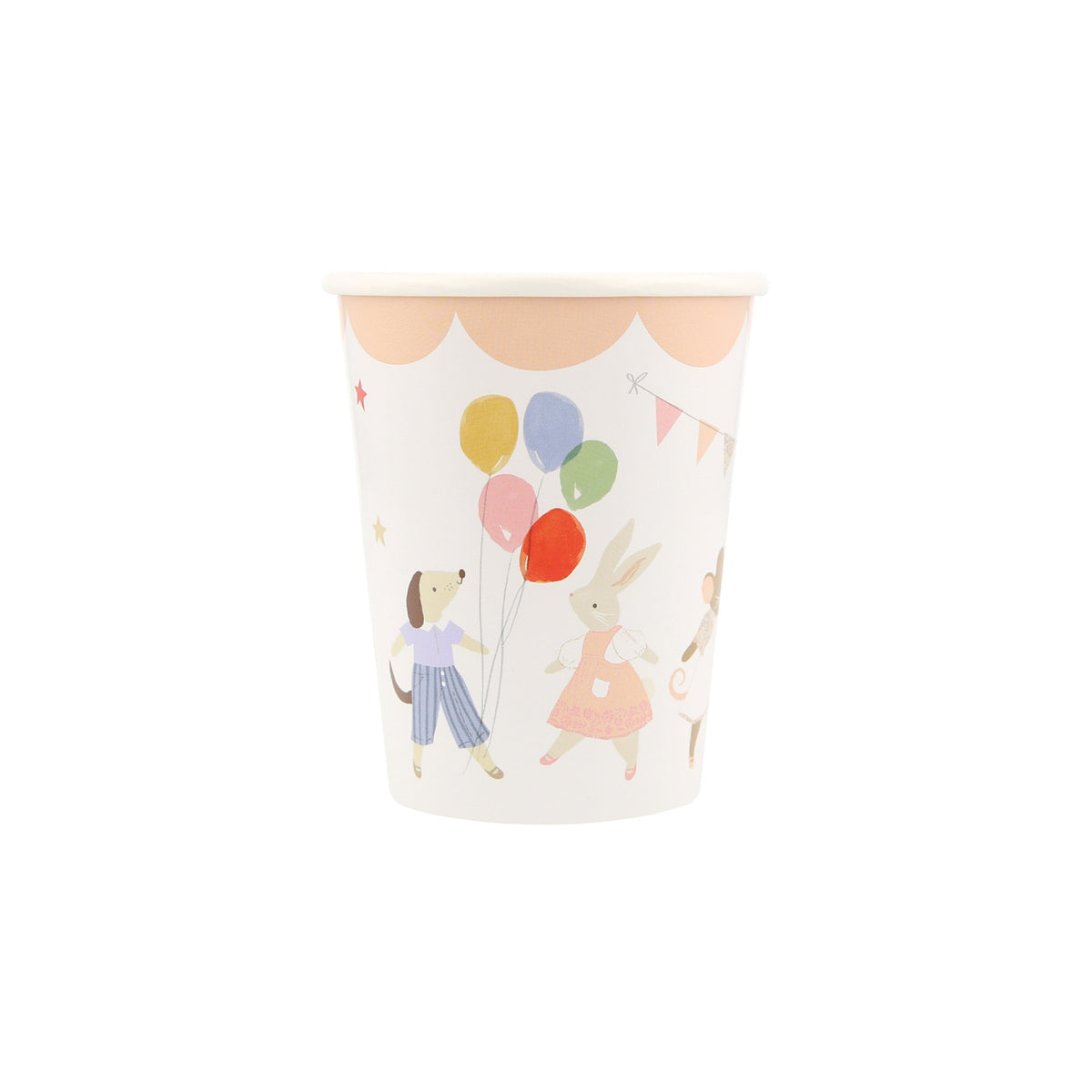 Paper party cup featuring illustrated animals holding balloons.