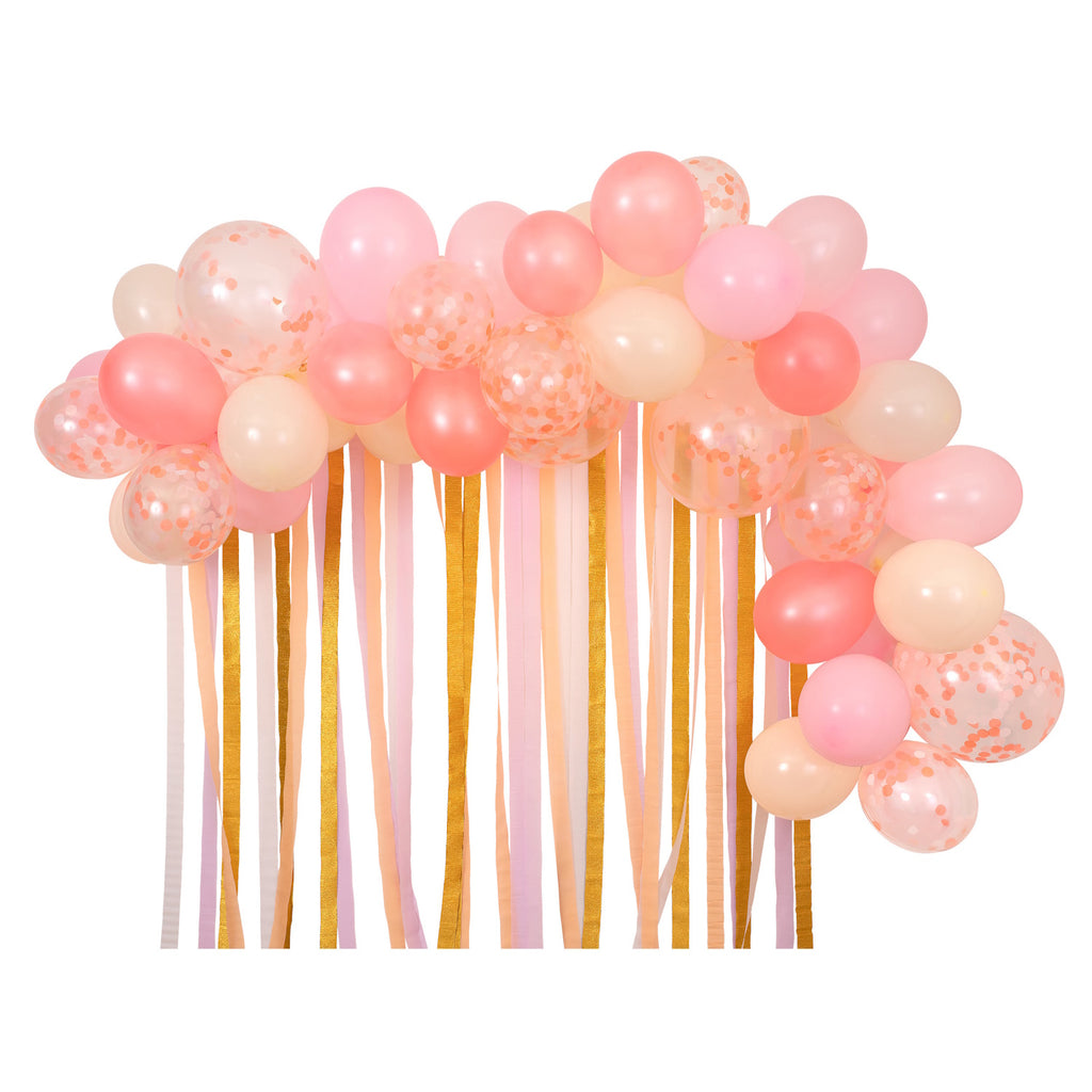 Featuring a beautiful arrangement of pink, peach, and rose gold balloons in various sizes, perfect for creating a stunning party backdrop.
