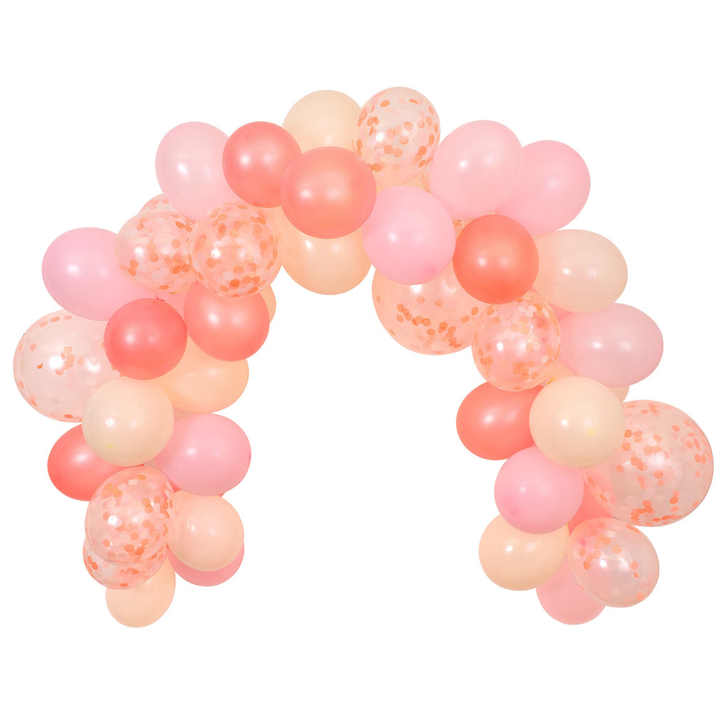 Featuring a beautiful arrangement of pink, peach, and rose gold balloons in various sizes, perfect for creating a stunning party backdrop.