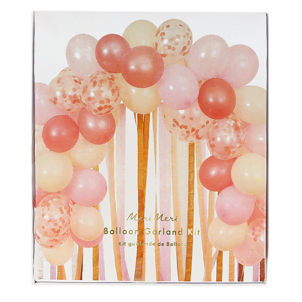 Featuring a beautiful arrangement of pink, peach, and rose gold balloons in various sizes, perfect for creating a stunning party backdrop.