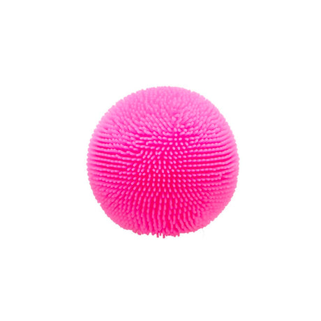 A bright pink, fuzzy textured stress ball centered on a plain white background.